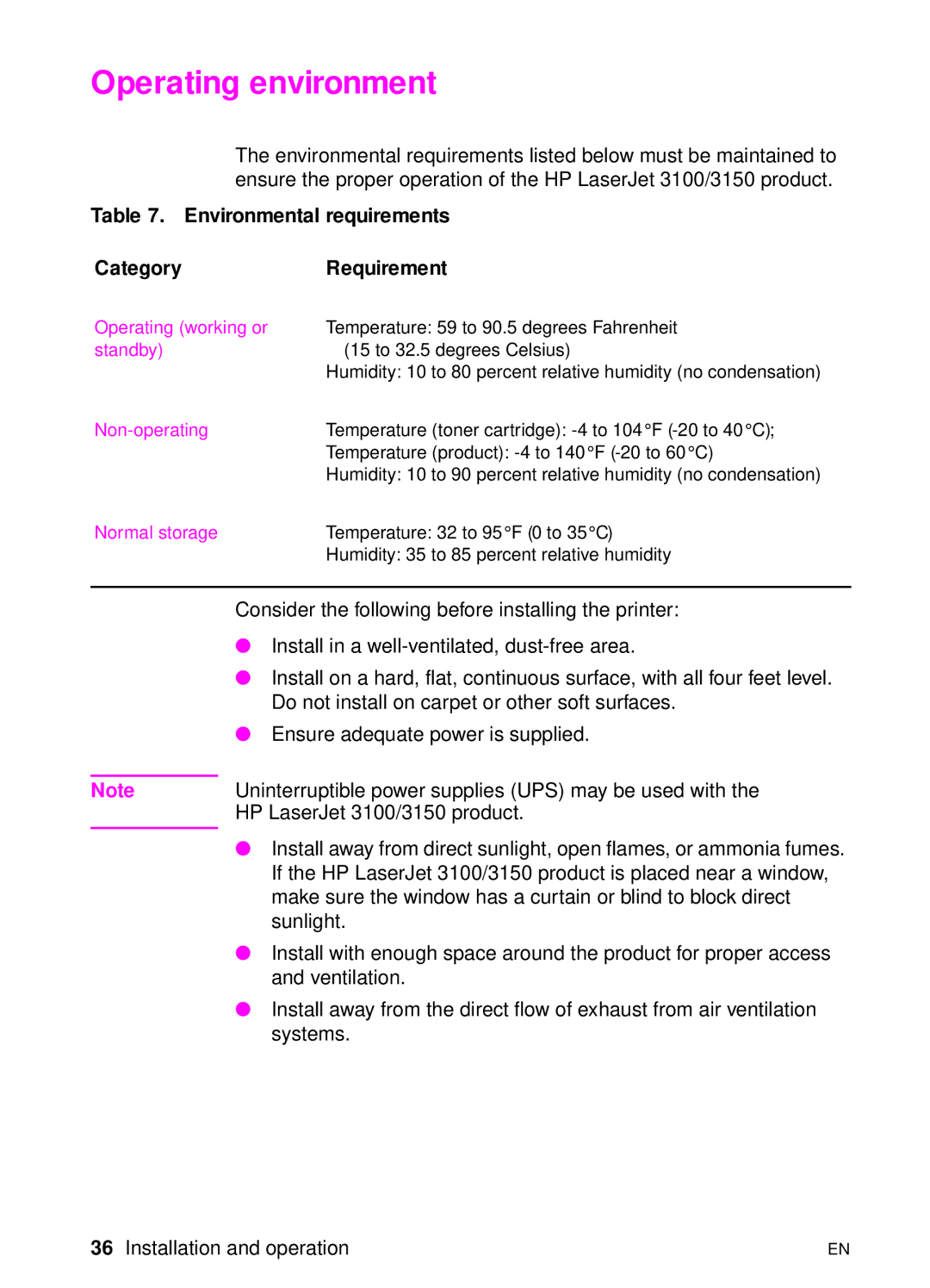 HP 3150 manual Operating environment, Environmental requirements Category Requirement 