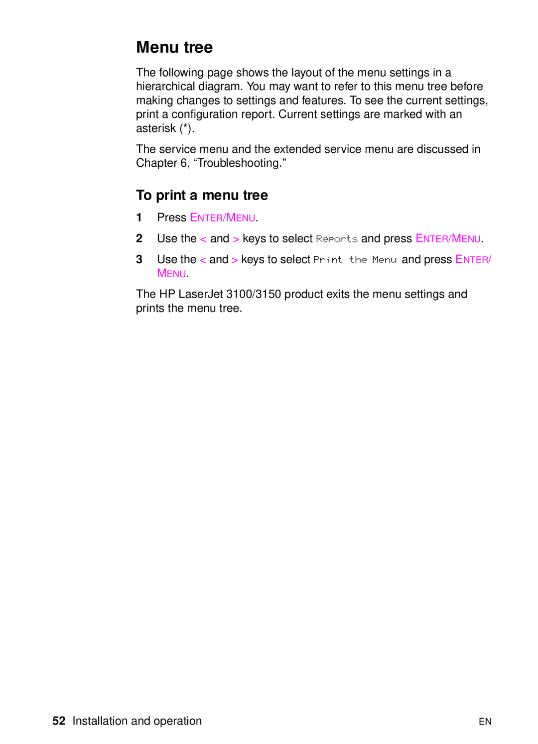 HP 3150 manual Menu tree, To print a menu tree 