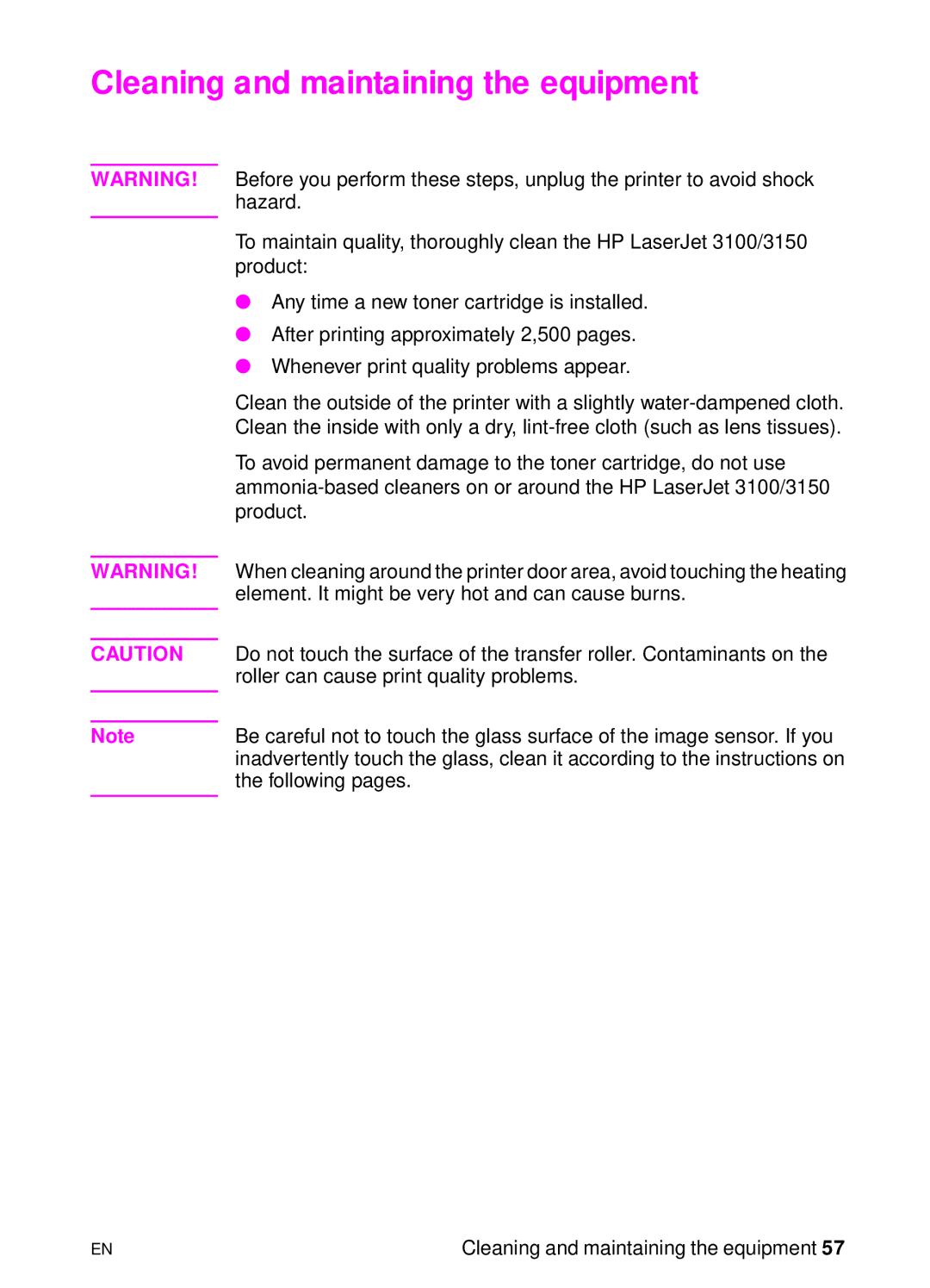 HP 3150 manual Cleaning and maintaining the equipment 