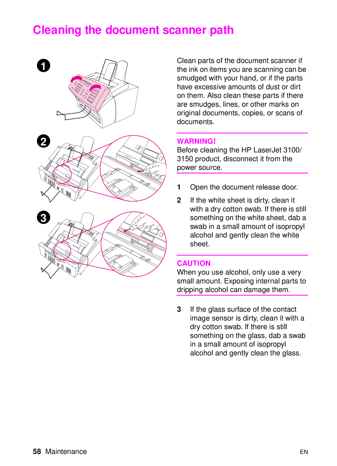 HP 3150 manual Cleaning the document scanner path 