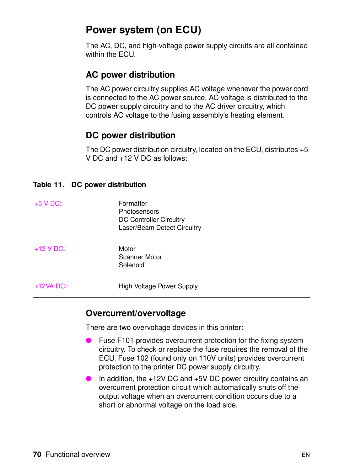 HP 3150 manual Power system on ECU, AC power distribution, DC power distribution, Overcurrent/overvoltage 