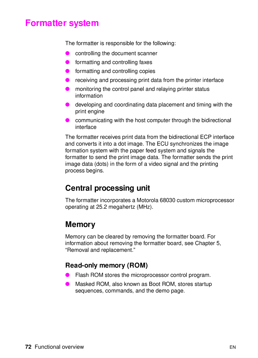 HP 3150 manual Formatter system, Central processing unit, Memory, Read-only memory ROM 