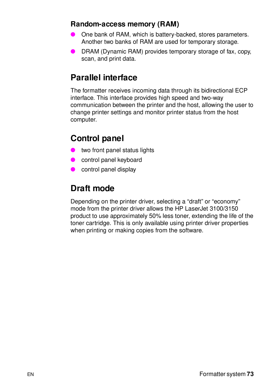 HP 3150 manual Parallel interface, Control panel, Draft mode, Random-access memory RAM 