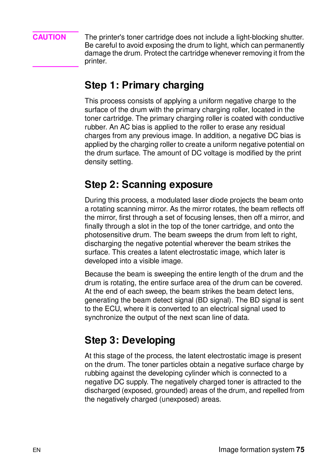 HP 3150 manual Primary charging, Scanning exposure, Developing 