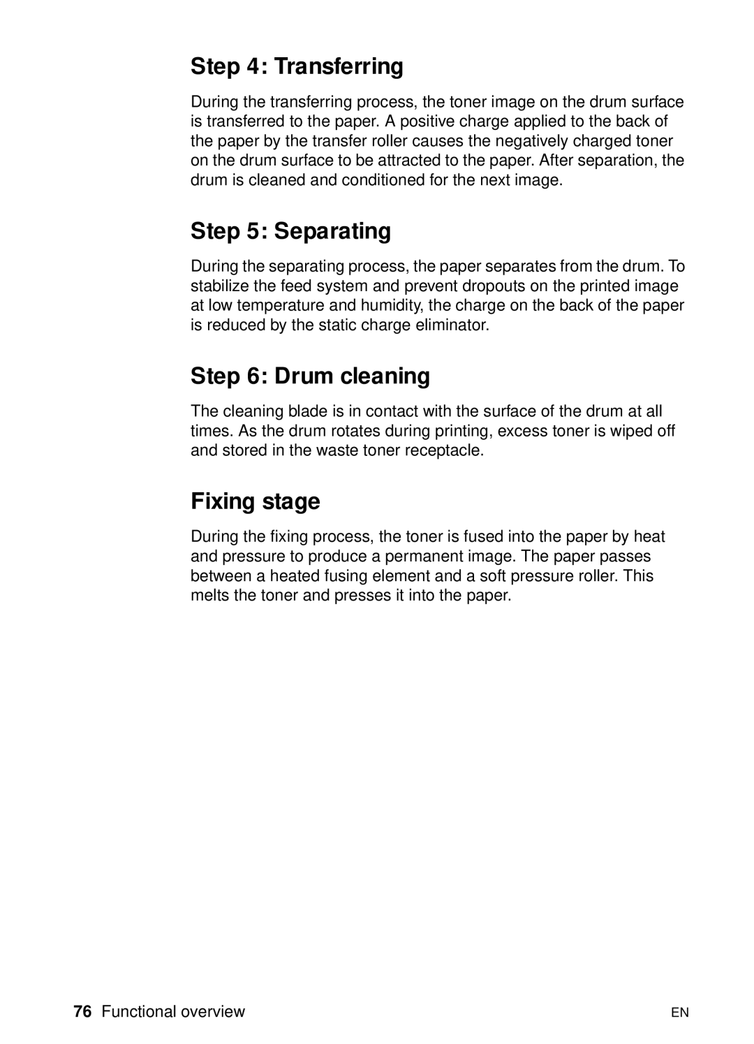 HP 3150 manual Transferring, Separating, Drum cleaning, Fixing stage 