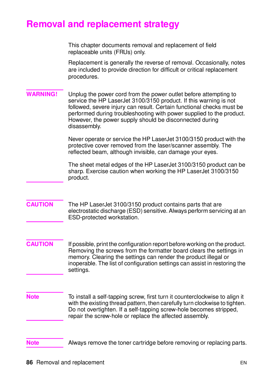 HP 3150 manual Removal and replacement strategy 