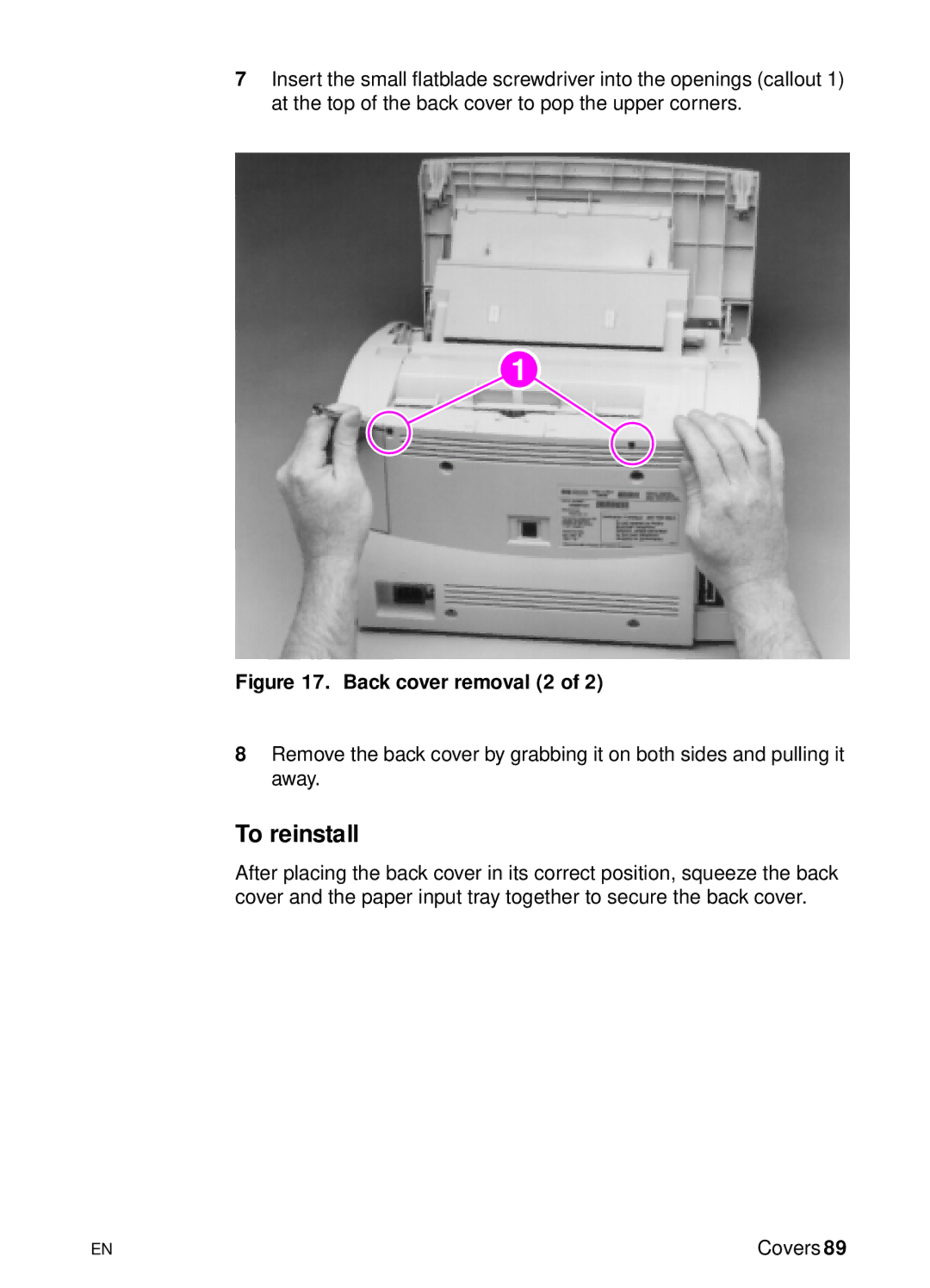 HP 3150 manual To reinstall, Back cover removal 2 