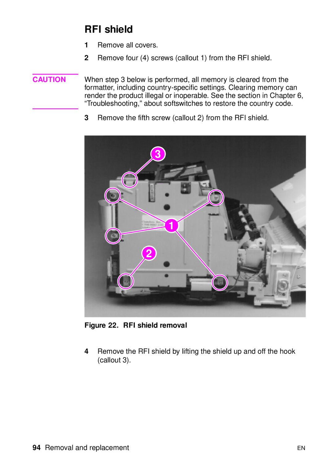 HP 3150 manual RFI shield removal 