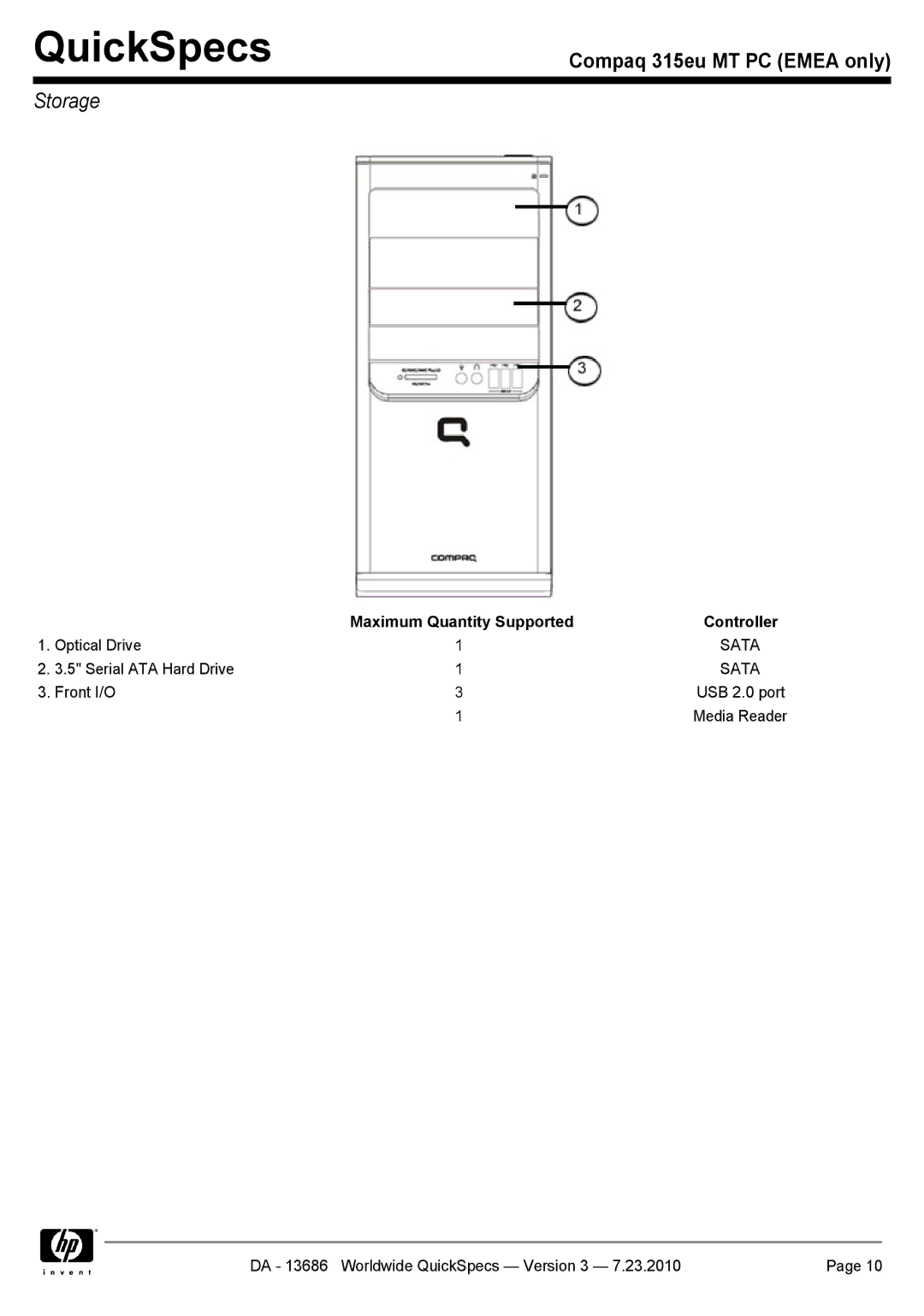 HP 315EU manual Storage, Maximum Quantity Supported Controller 