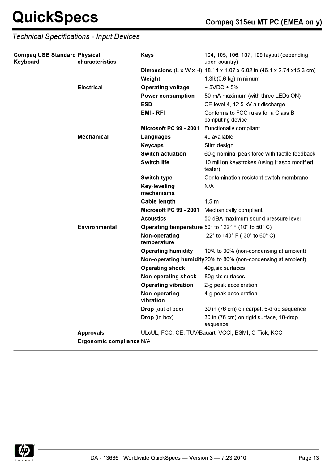 HP 315EU manual Technical Specifications Input Devices, Esd, Emi Rfi 