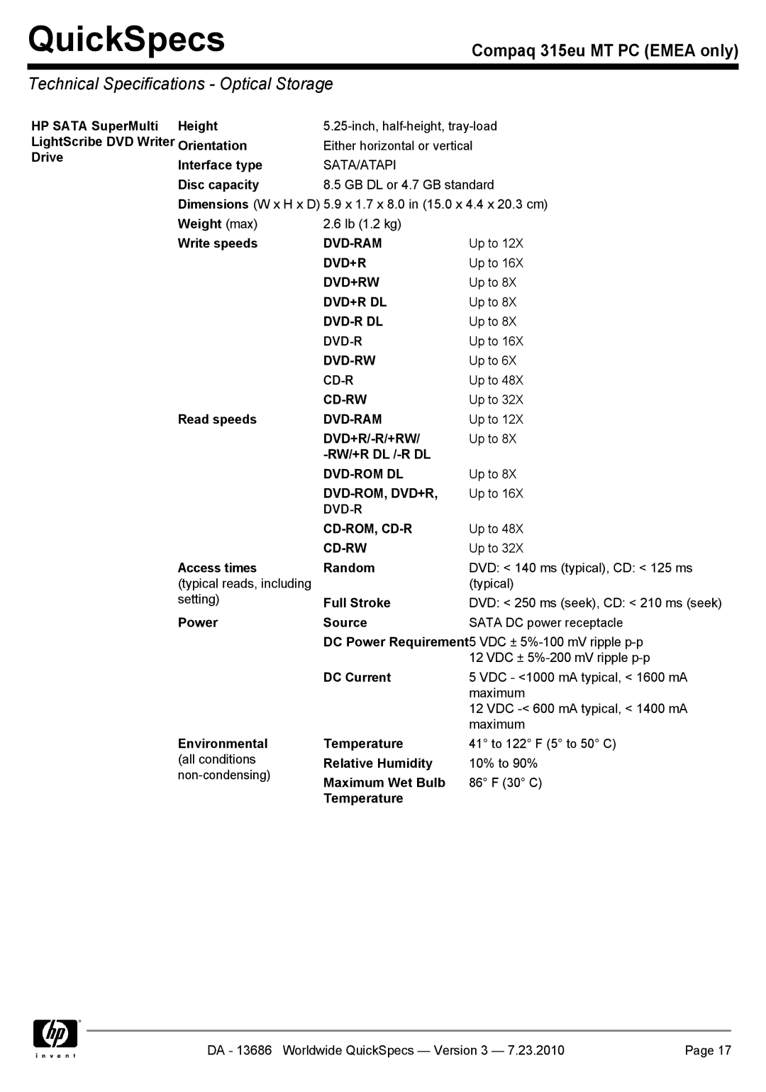 HP 315EU manual Technical Specifications Optical Storage 