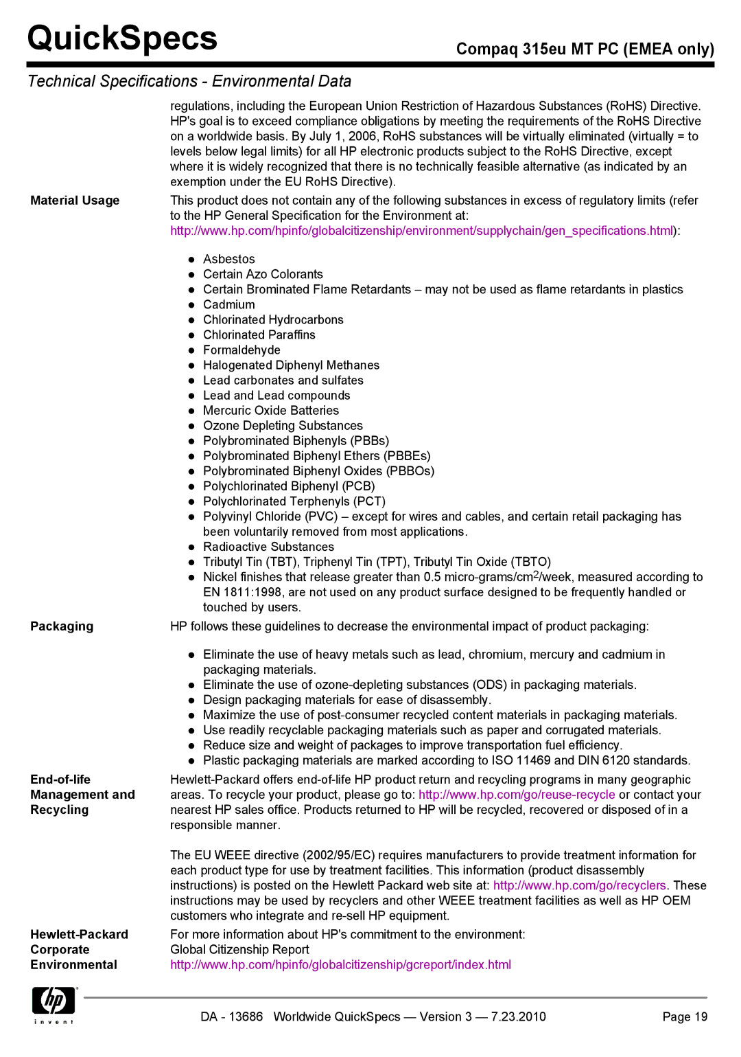 HP 315EU manual Material Usage, Packaging, End-of-life, Management Recycling, Hewlett-Packard, Corporate 