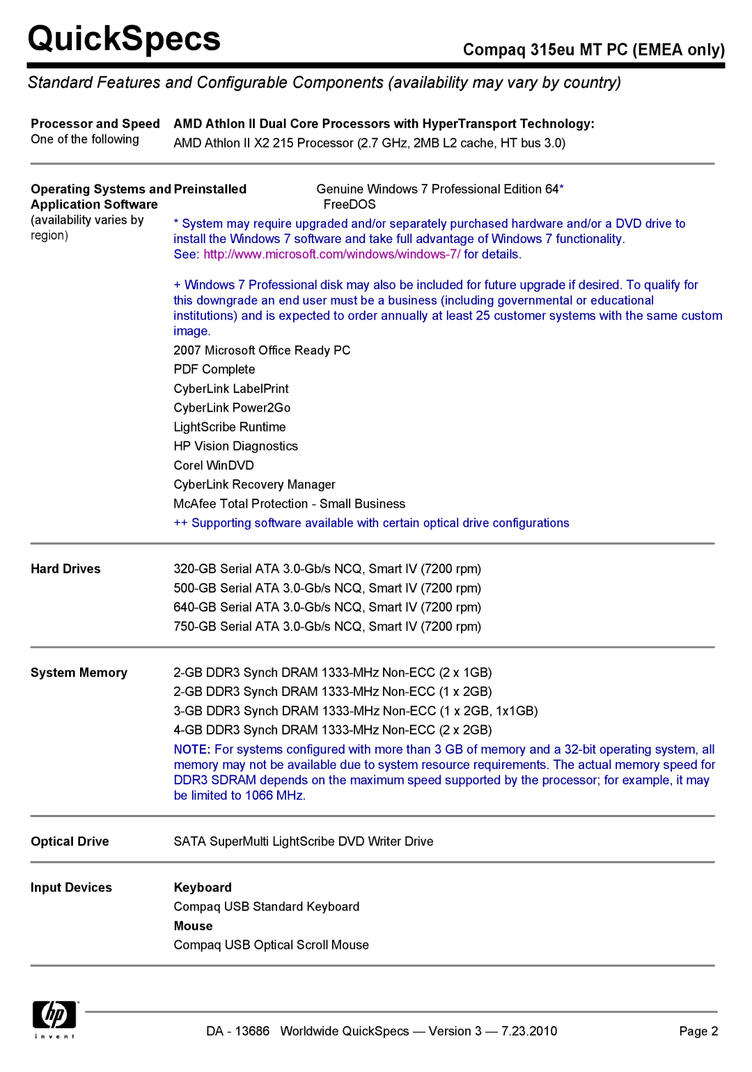 HP 315EU manual Operating Systems and Preinstalled, Application Software, Hard Drives, System Memory, Optical Drive, Mouse 