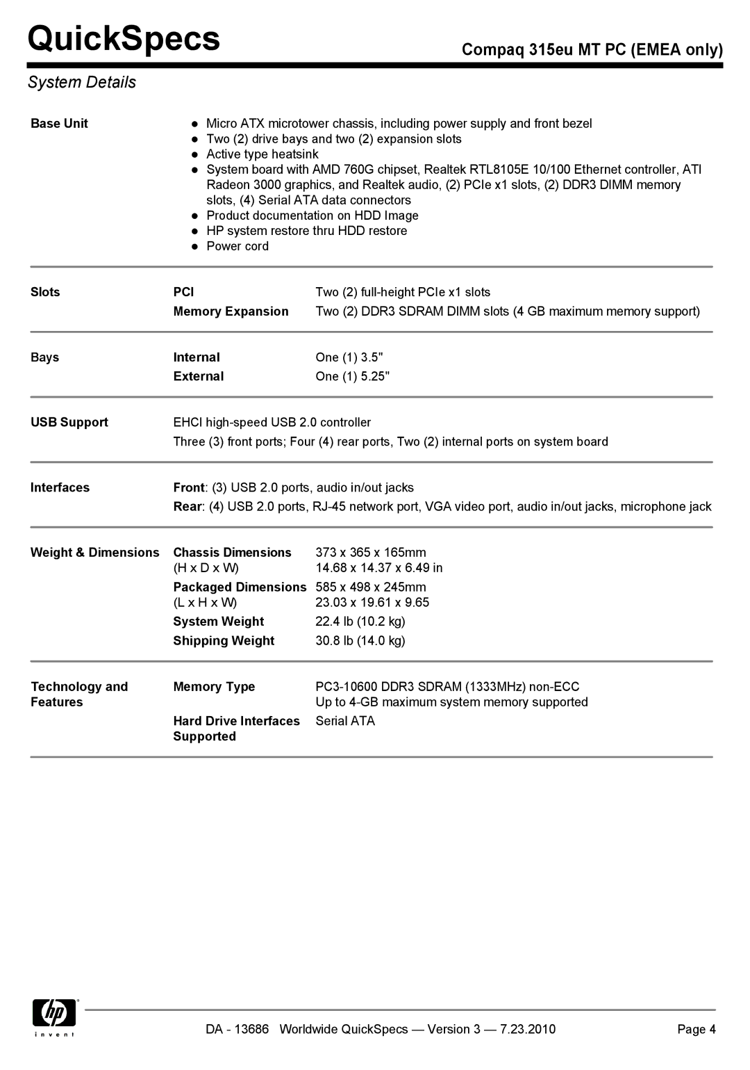 HP 315EU manual System Details, Pci 