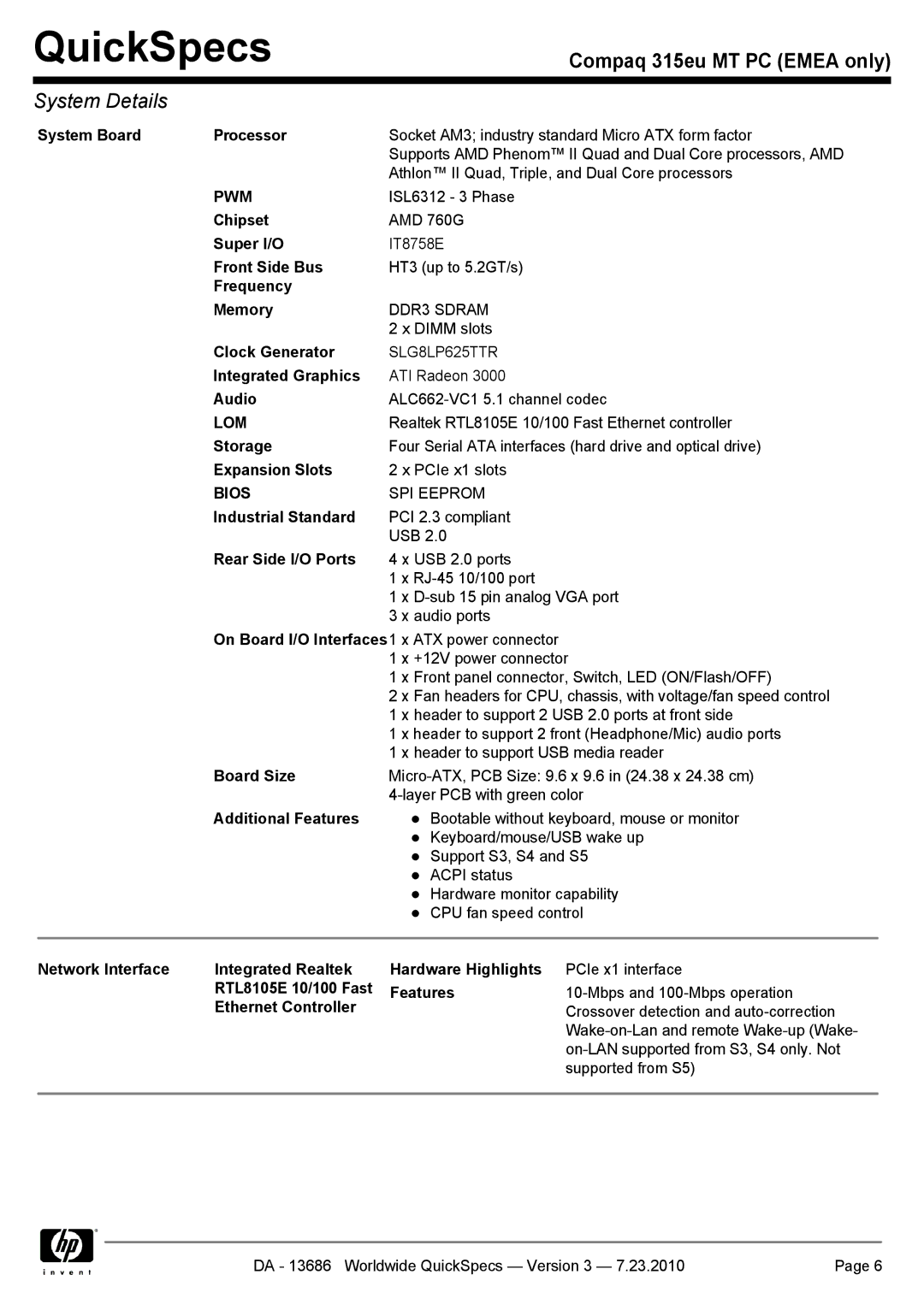 HP 315EU manual Pwm, Lom, Bios 