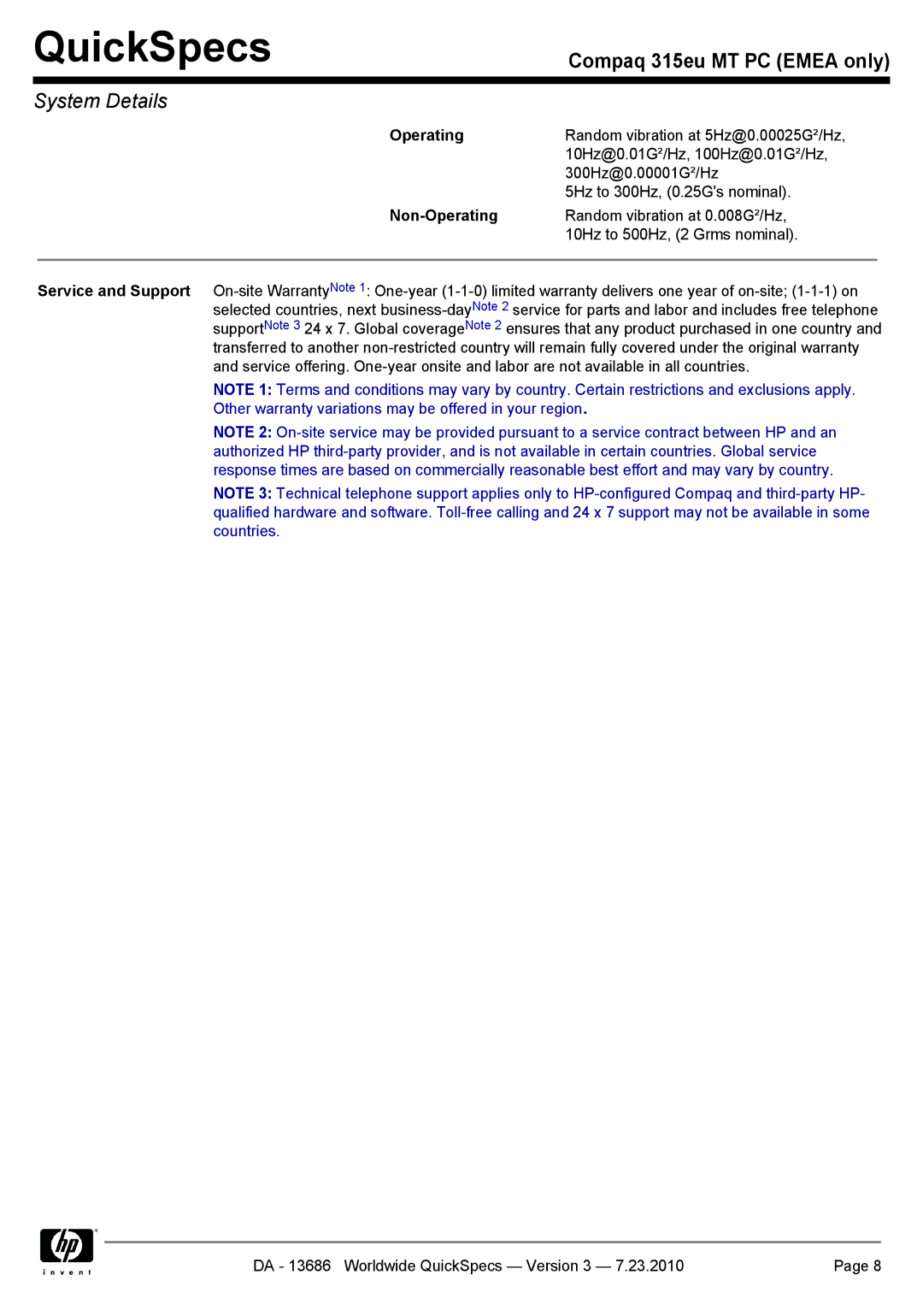 HP 315EU manual Random vibration at 5Hz@0.00025G²/Hz 