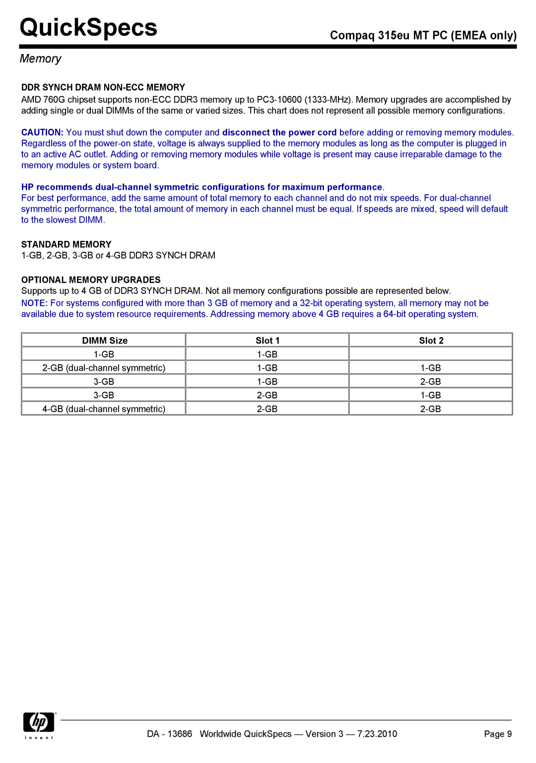 HP 315EU manual DDR Synch Dram NON-ECC Memory, Standard Memory, Optional Memory Upgrades, Dimm Size Slot 