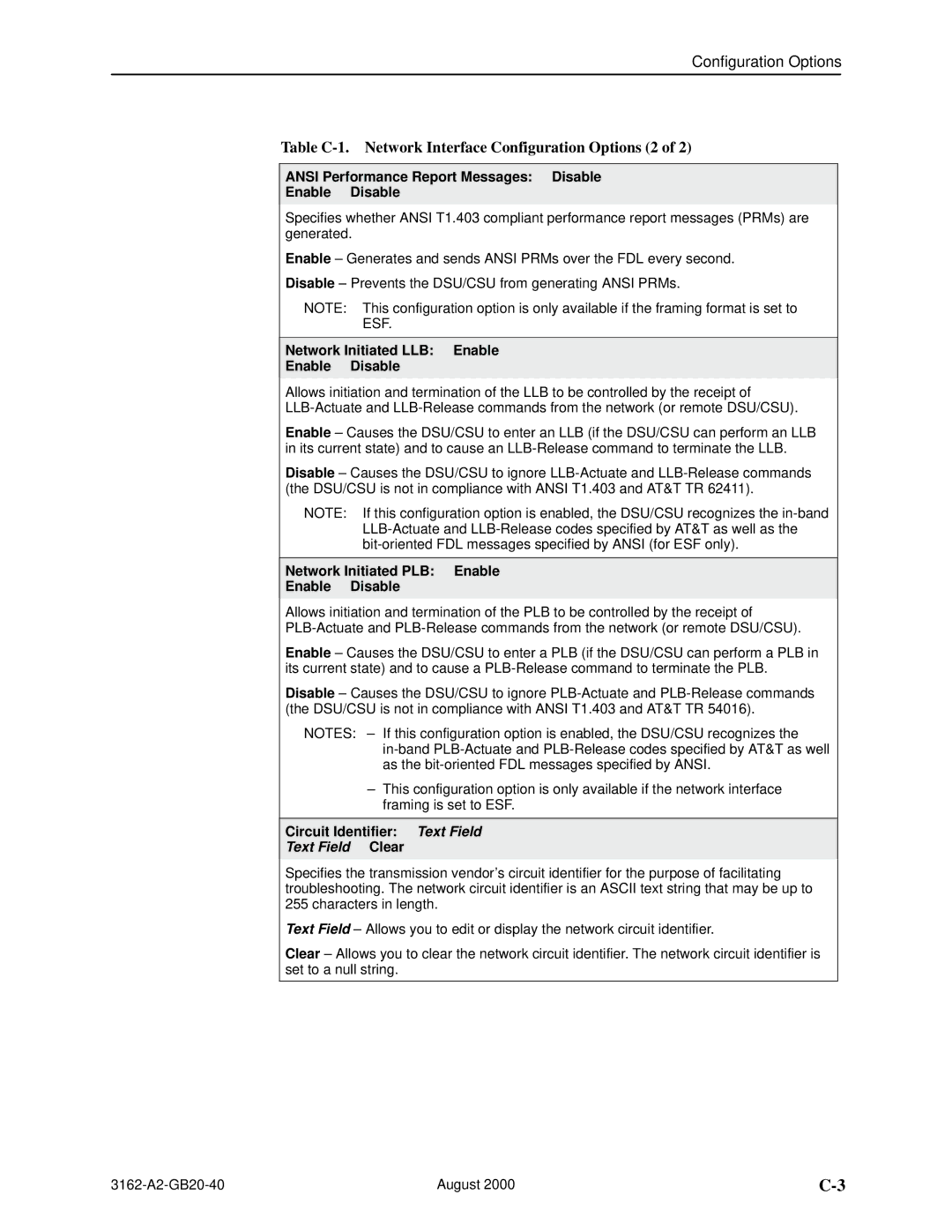 HP 3162 Table C-1. Network Interface Configuration Options 2, Ansi Performance Report Messages Disable Enable Disable 