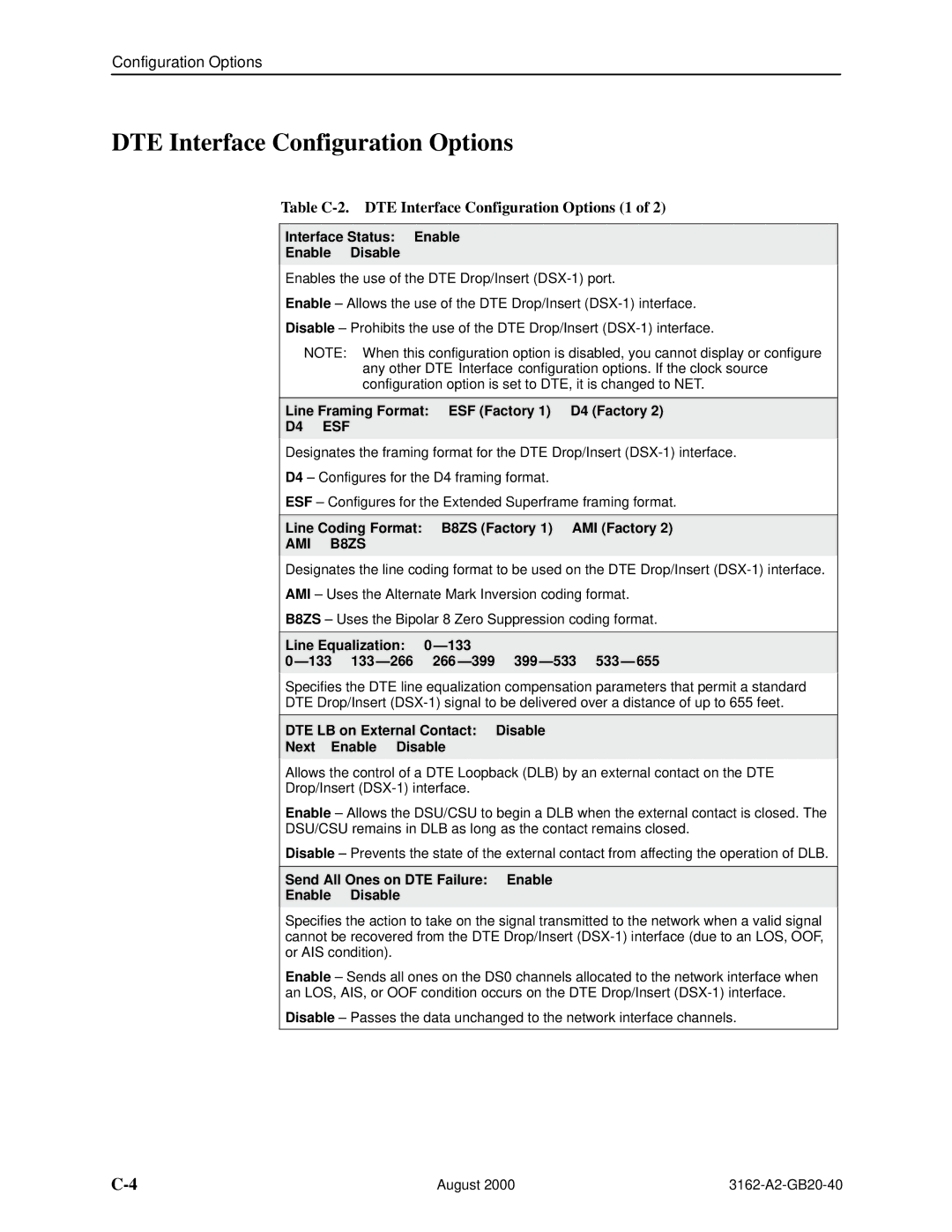 HP 3162 manual Table C-2. DTE Interface Configuration Options 1 