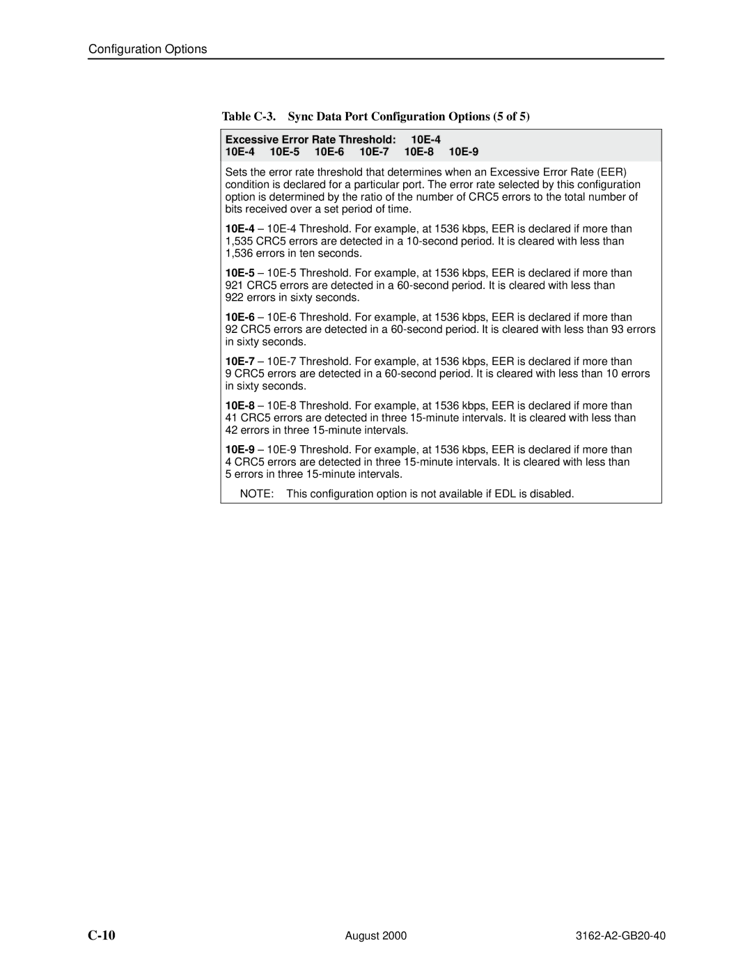 HP 3162 manual Table C-3. Sync Data Port Configuration Options 5 