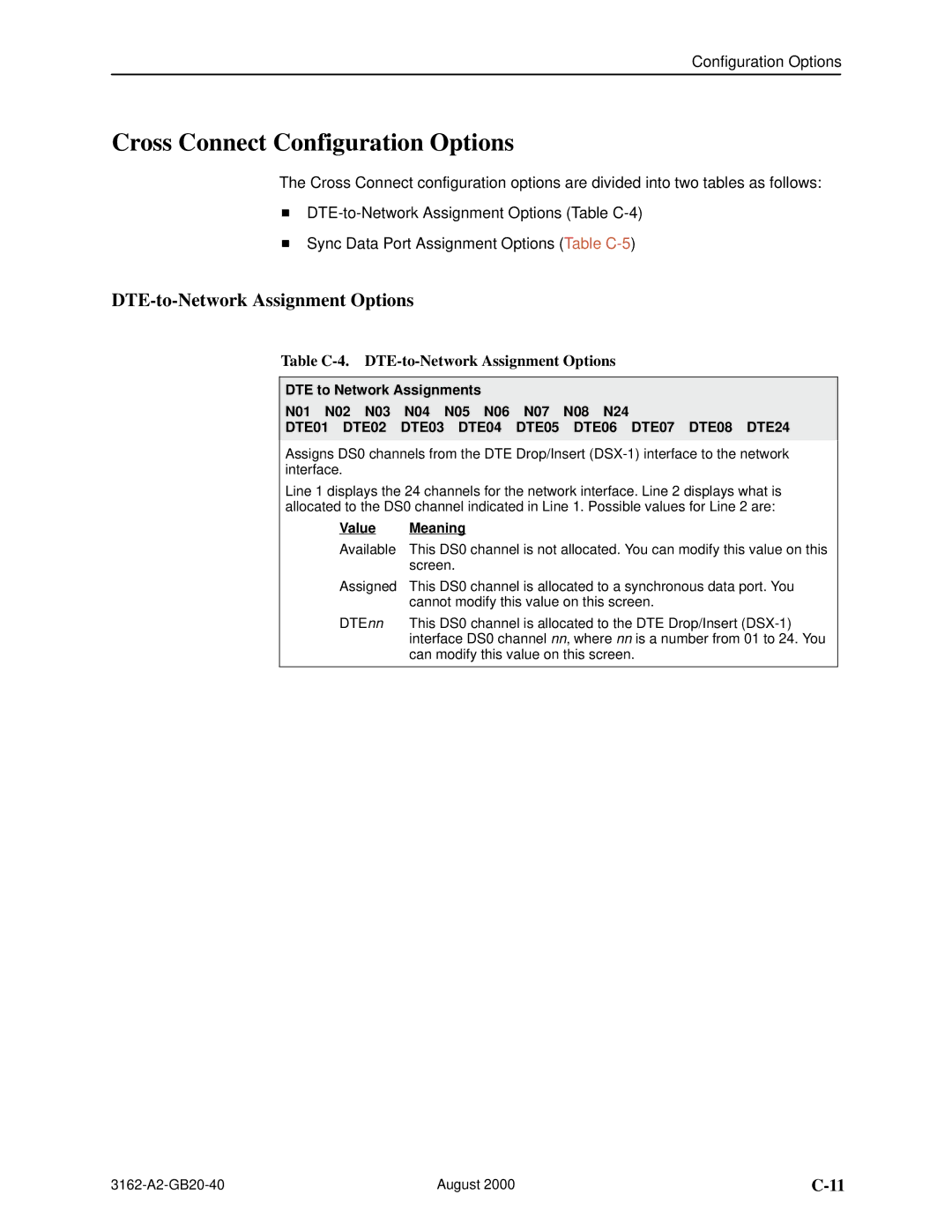 HP 3162 manual Cross Connect Configuration Options, DTE-to-Network Assignment Options 