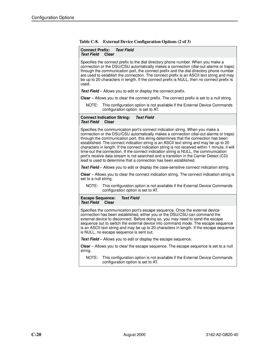 HP 3162 manual Table C-8. External Device Configuration Options 2, Connect Prefix Text Field, Escape Sequence Text Field 