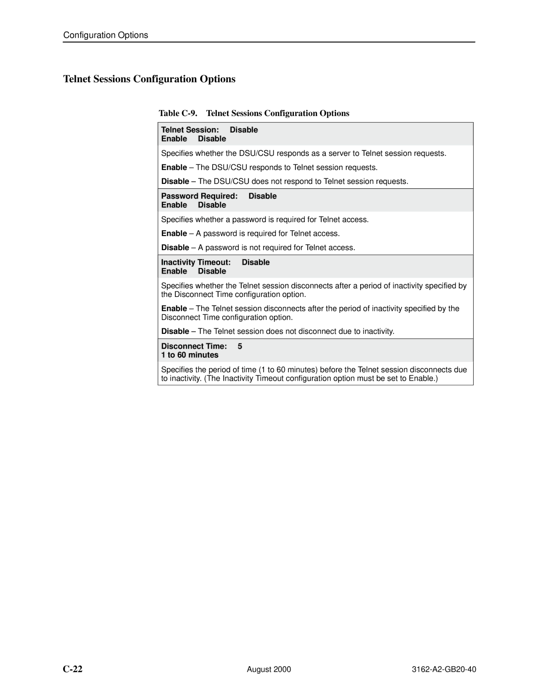 HP 3162 manual Table C-9. Telnet Sessions Configuration Options, Telnet Session Disable Enable Disable 
