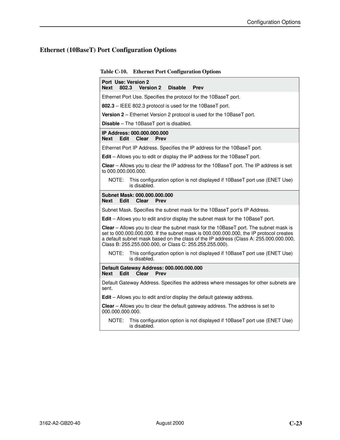 HP 3162 manual Ethernet 10BaseT Port Configuration Options, Table C-10. Ethernet Port Configuration Options 