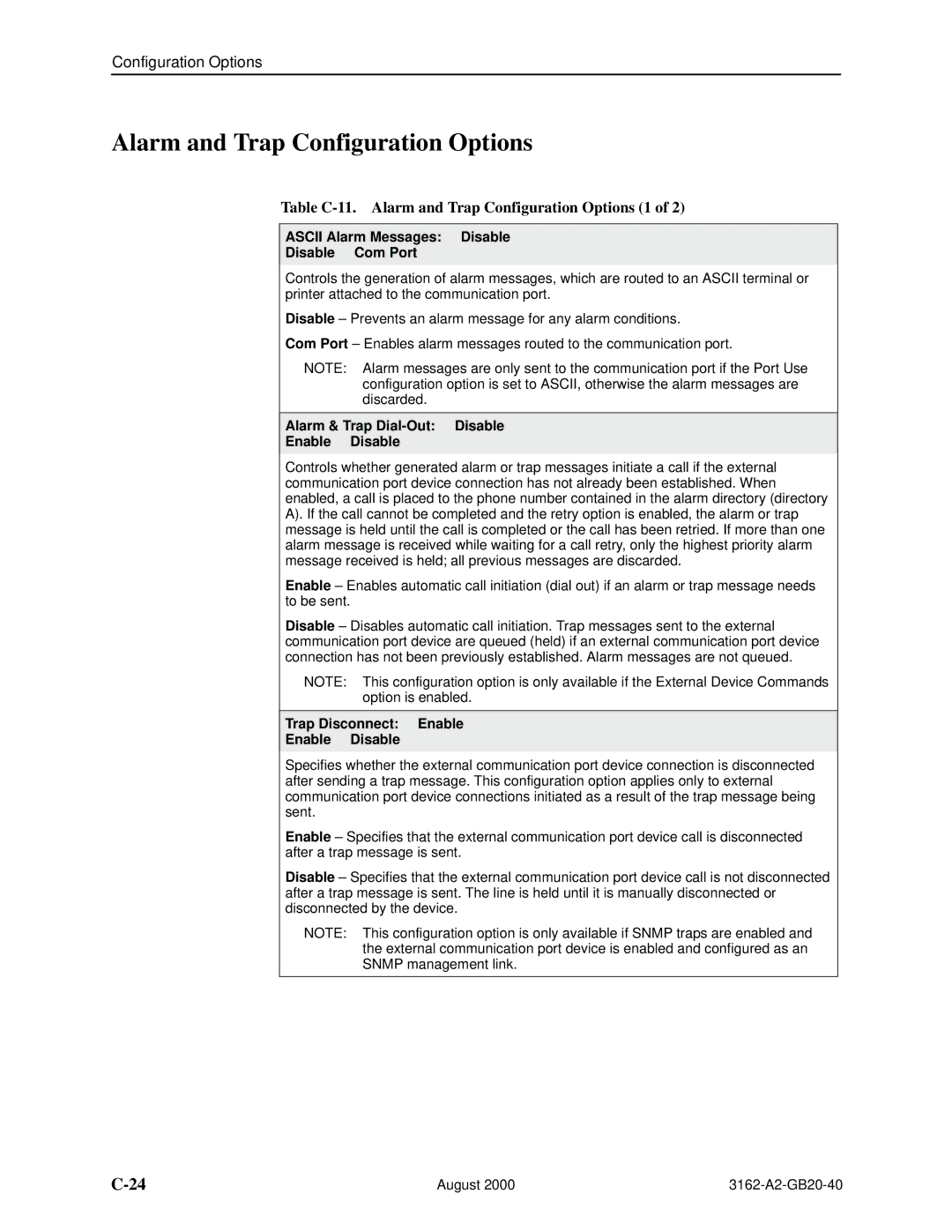 HP 3162 manual Table C-11. Alarm and Trap Configuration Options 1, Ascii Alarm Messages Disable Disable Com Port 