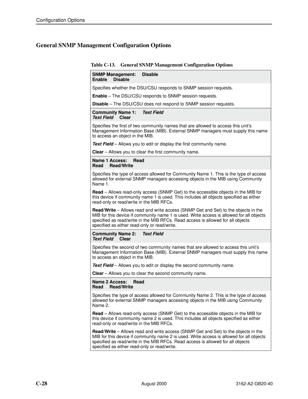 HP 3162 manual Table C-13. General Snmp Management Configuration Options 