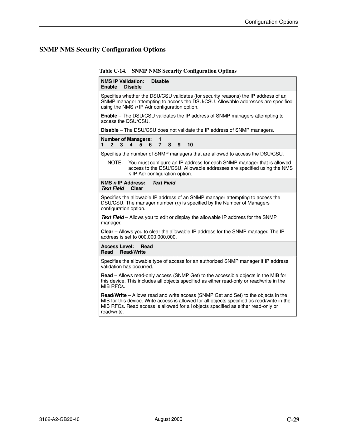 HP 3162 manual Table C-14. Snmp NMS Security Configuration Options 