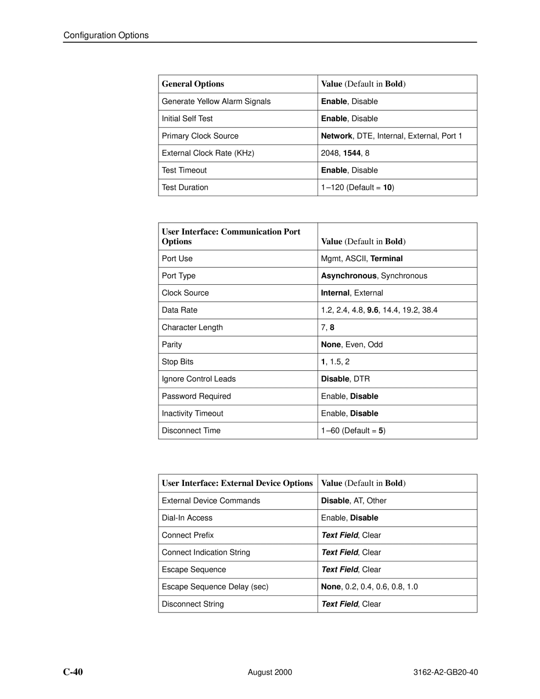 HP 3162 manual General Options, User Interface Communication Port, User Interface External Device Options, Disable , DTR 