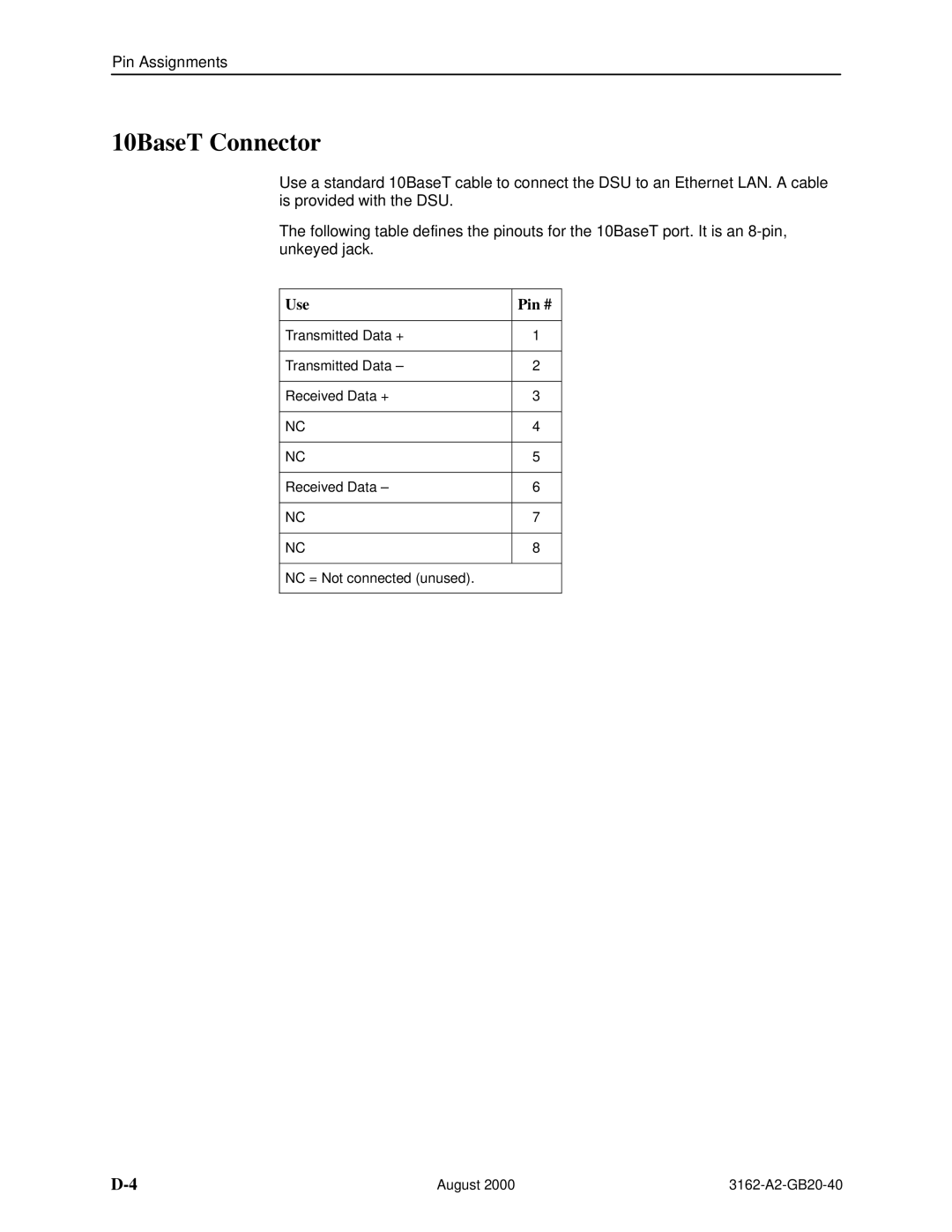 HP 3162 manual 10BaseT Connector, Use Pin # 