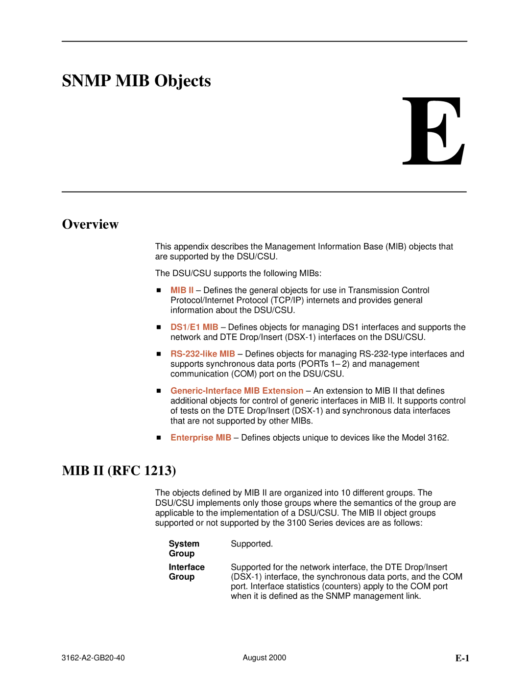 HP 3162 manual Snmp MIB Objects, Mib Ii Rfc, Group 