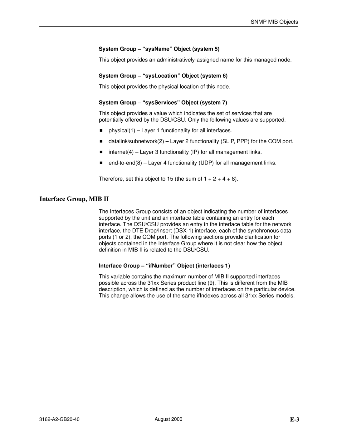 HP 3162 manual Interface Group, MIB, System Group sysName Object system, System Group sysLocation Object system 