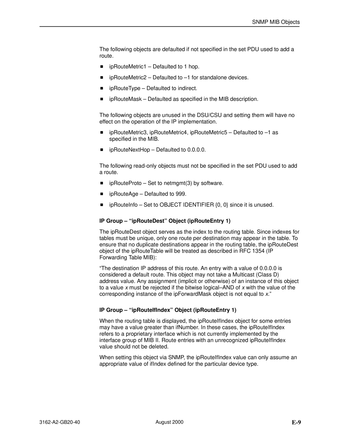 HP 3162 manual IP Group ipRouteDest Object ipRouteEntry, IP Group ipRouteIfIndex Object ipRouteEntry 