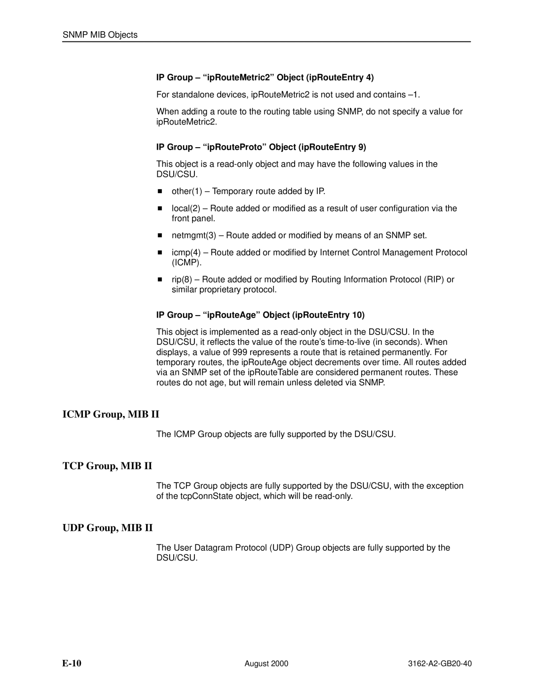 HP 3162 manual Icmp Group, MIB, TCP Group, MIB, UDP Group, MIB 