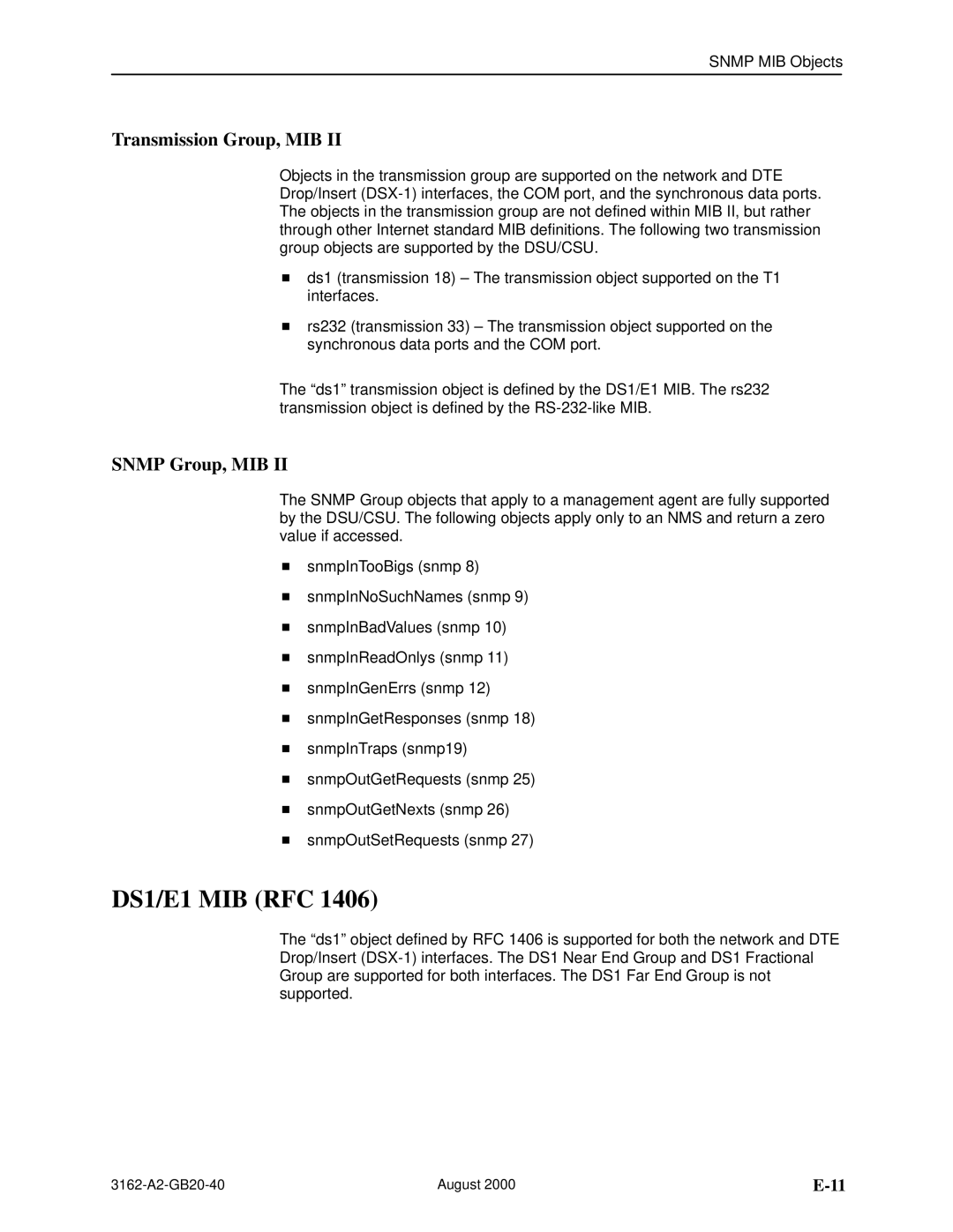 HP 3162 manual DS1/E1 MIB RFC, Transmission Group, MIB, Snmp Group, MIB 