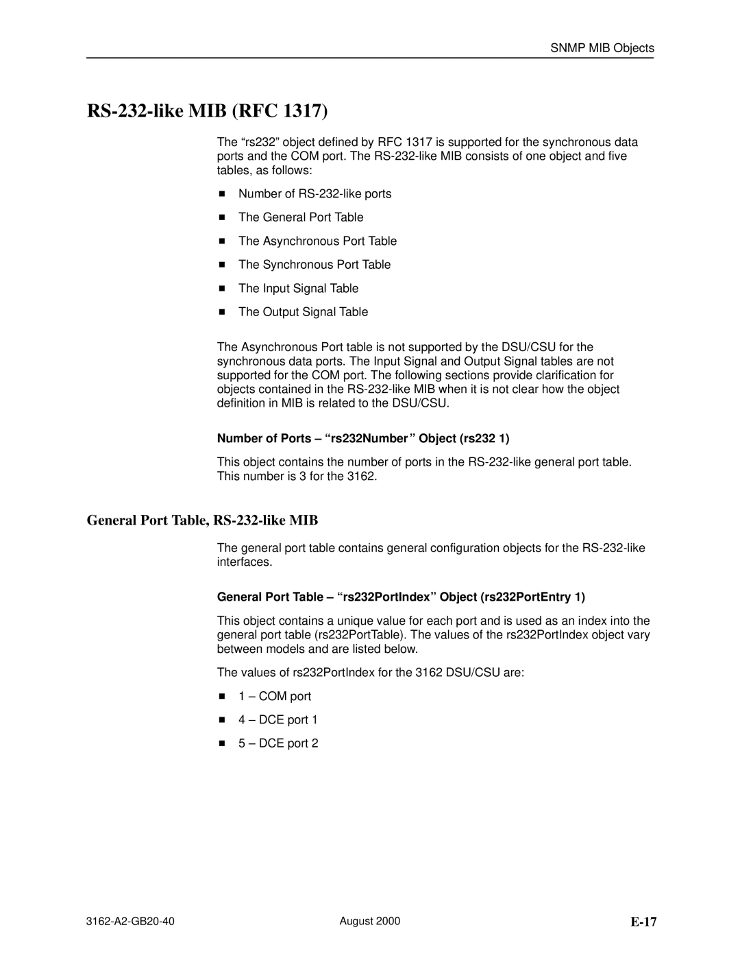 HP 3162 manual RS-232-like MIB RFC, General Port Table, RS-232-like MIB, Number of Ports rs232Number Object rs232 