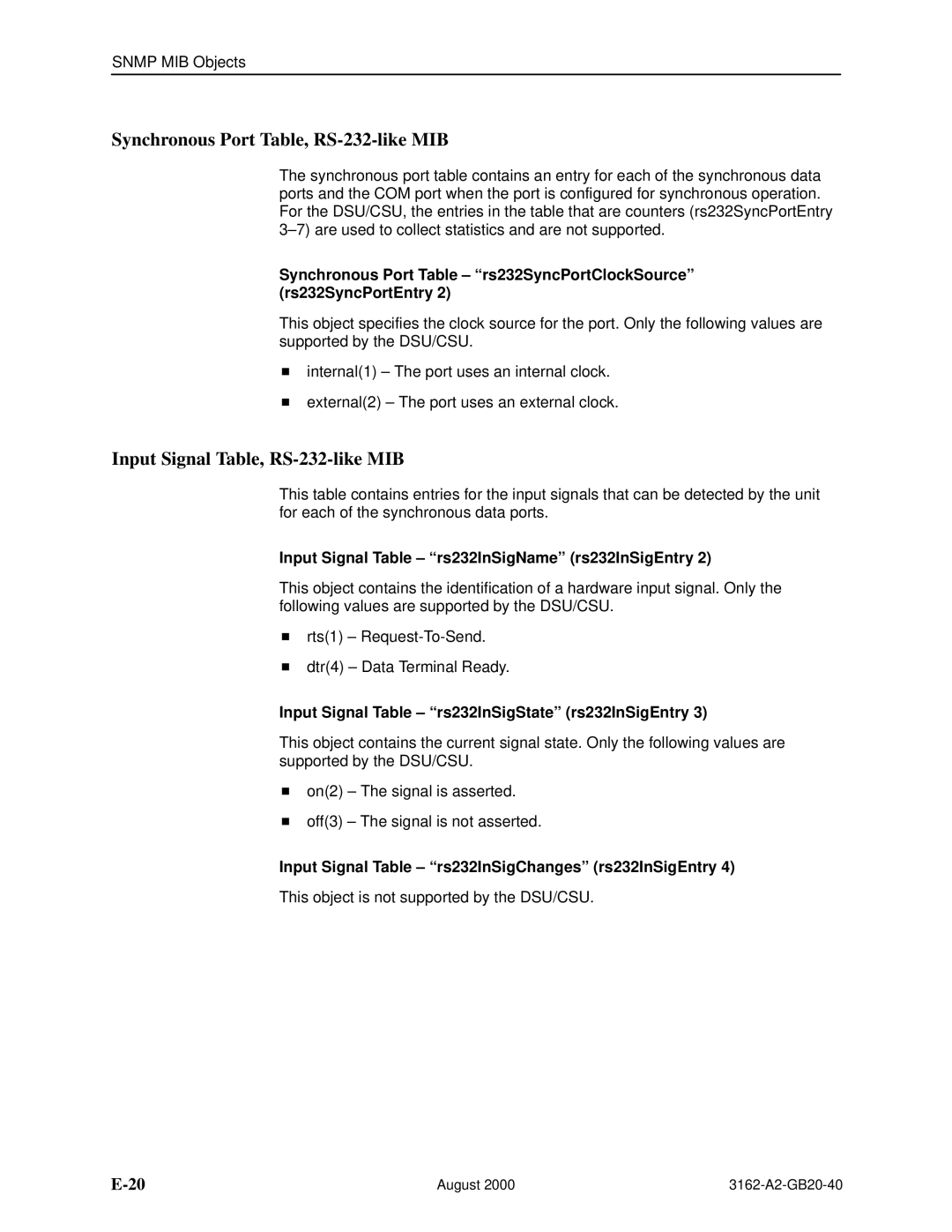 HP 3162 manual Synchronous Port Table, RS-232-like MIB, Input Signal Table, RS-232-like MIB 