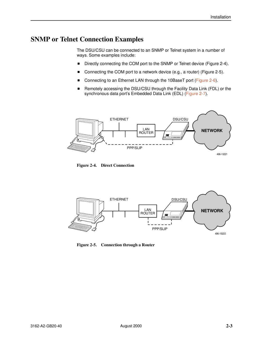 HP 3162 manual Snmp or Telnet Connection Examples, Direct Connection 