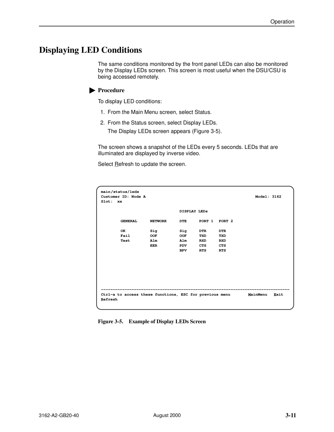 HP 3162 manual Displaying LED Conditions, Example of Display LEDs Screen 