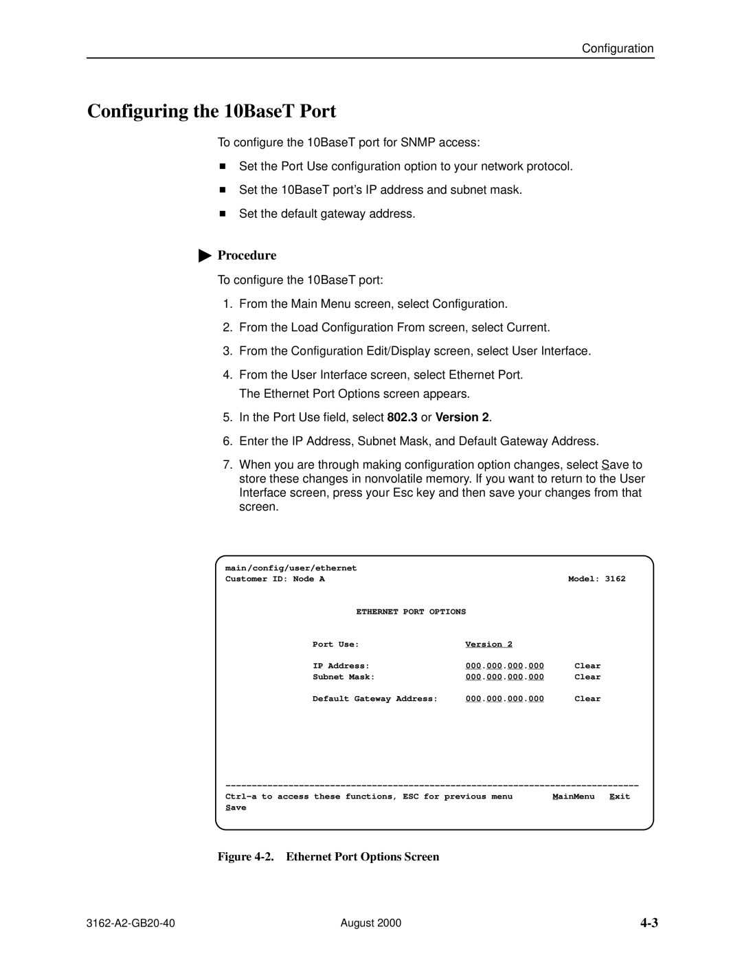 HP 3162 manual Configuring the 10BaseT Port, Ethernet Port Options Screen 