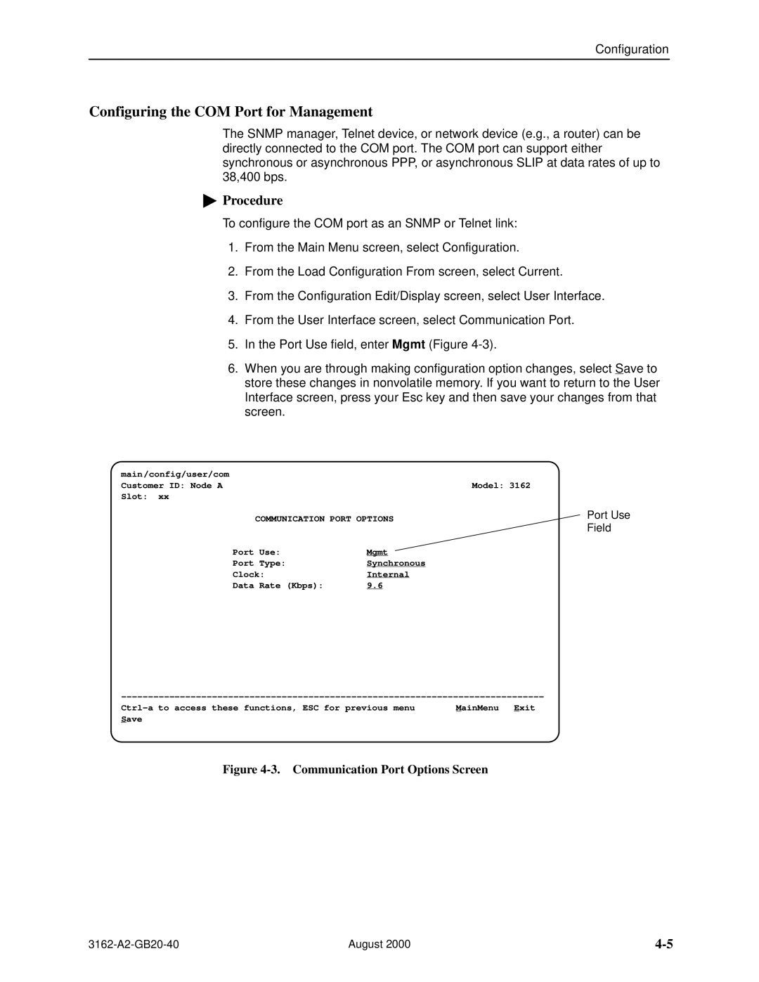 HP 3162 manual Configuring the COM Port for Management, Communication Port Options Screen 