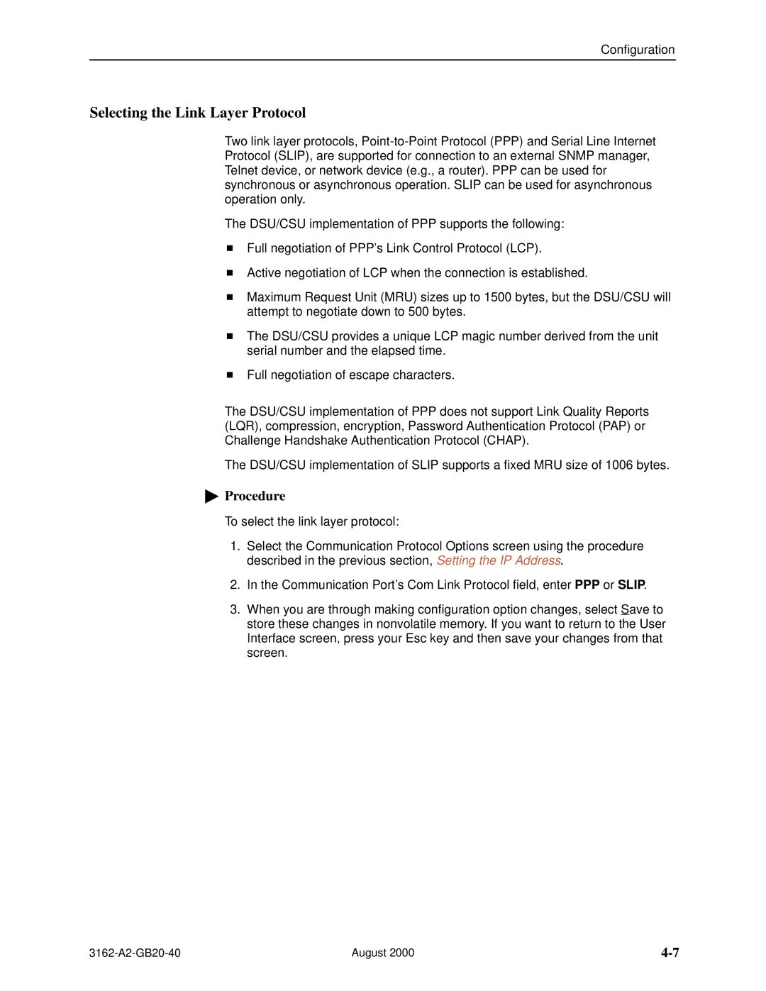 HP 3162 manual Selecting the Link Layer Protocol 