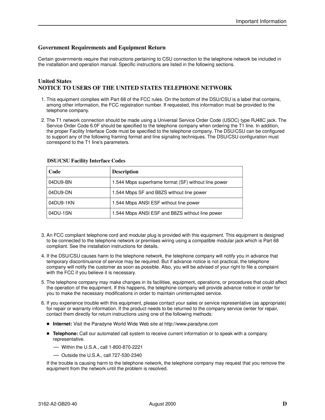 HP 3162 manual Government Requirements and Equipment Return United States, DSU/CSU Facility Interface Codes Description 