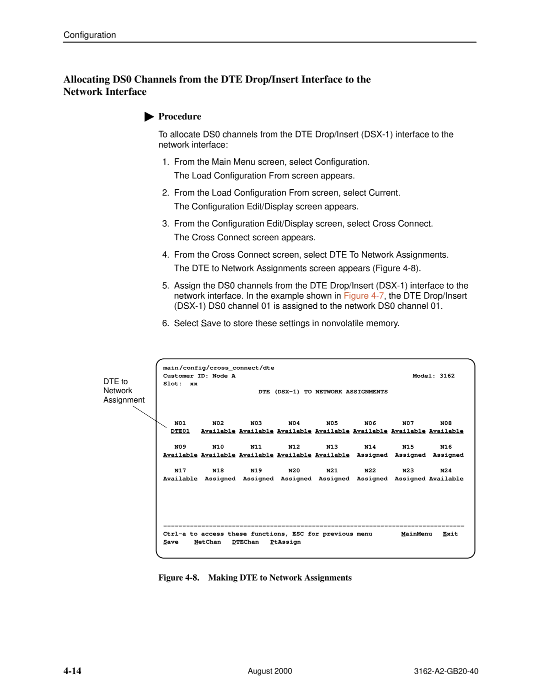 HP 3162 manual DTE to, Network, Assignment 