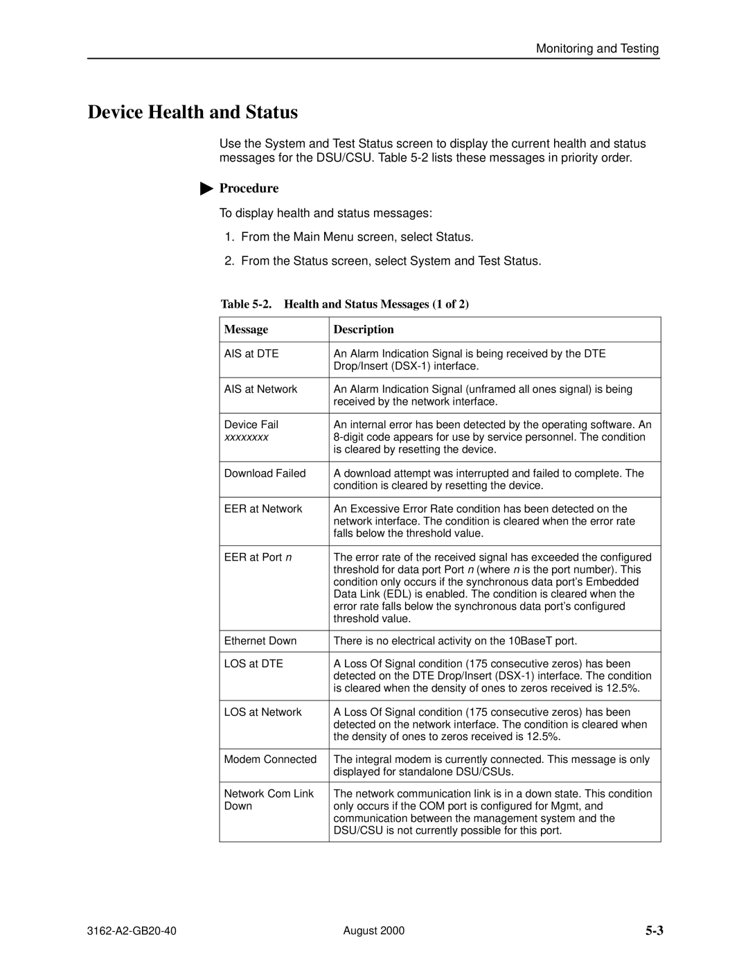 HP 3162 manual Device Health and Status, Health and Status Messages 1 Description 