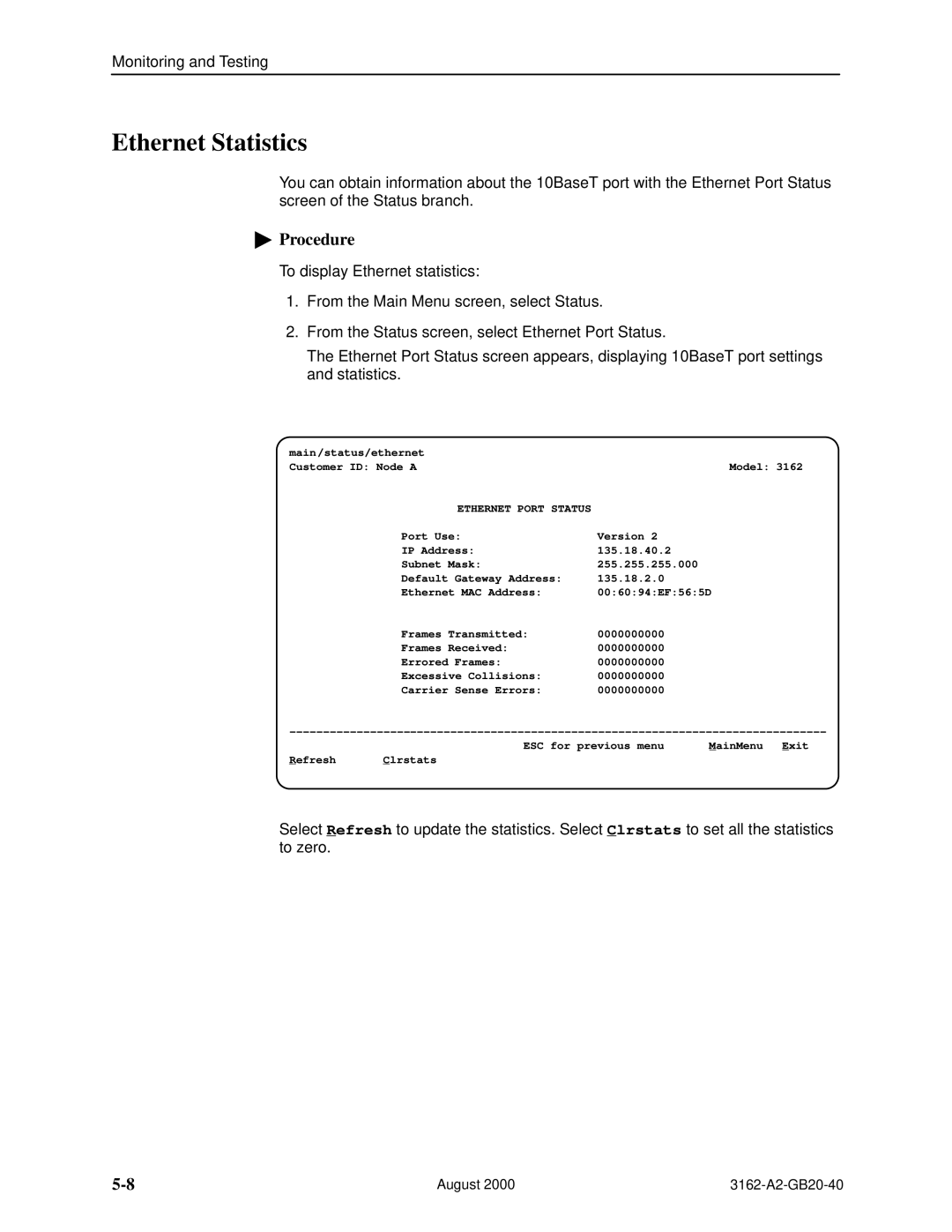 HP 3162 manual Ethernet Statistics, Procedure 