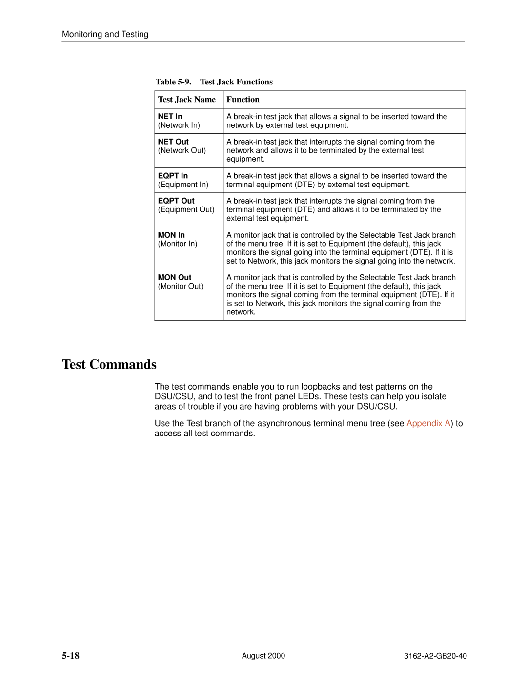 HP 3162 manual Test Commands, Test Jack Functions Test Jack Name 